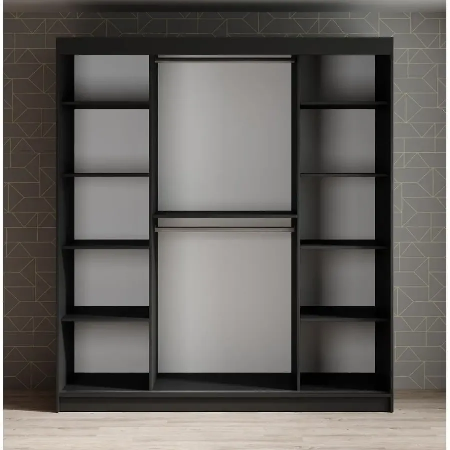 Schuifdeurkasten-Meubella - Kledingkast Malavi 2 - Zwart - 180 cm - Met spiegel