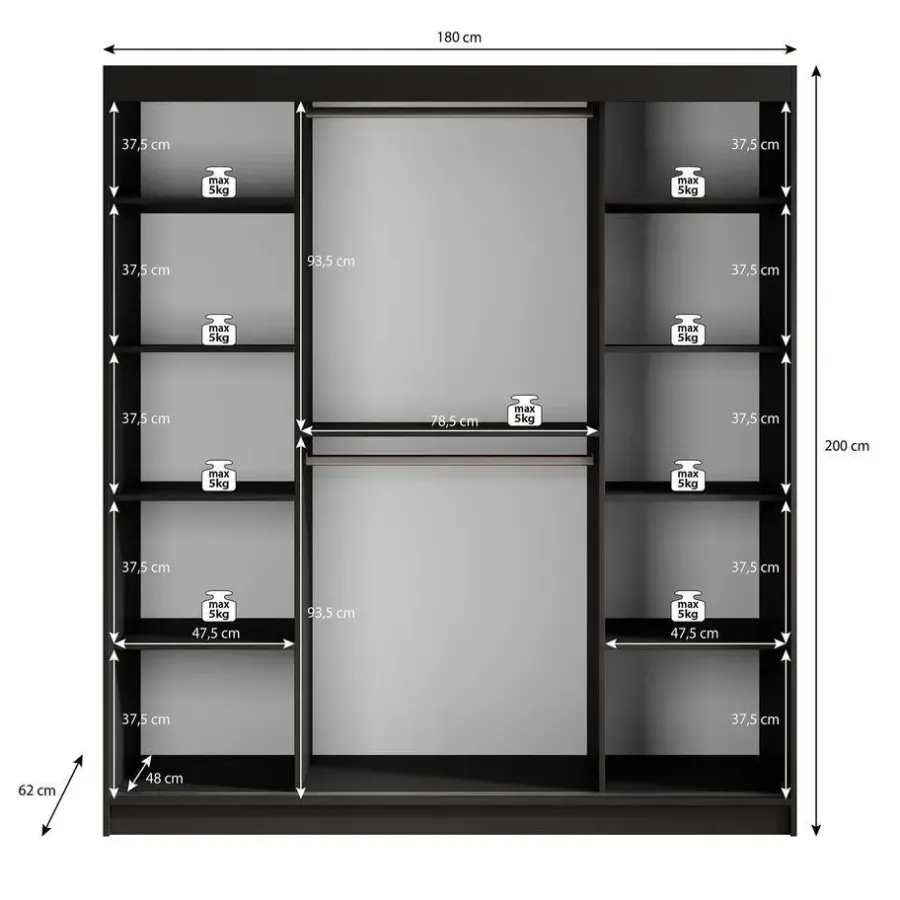 Schuifdeurkasten-Meubella - Kledingkast Malavi 2 - Zwart - 180 cm - Met spiegel