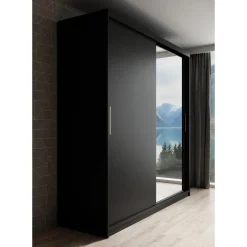 Schuifdeurkasten-Meubella - Kledingkast Mandalin - Zwart - 200 cm - Met spiegel