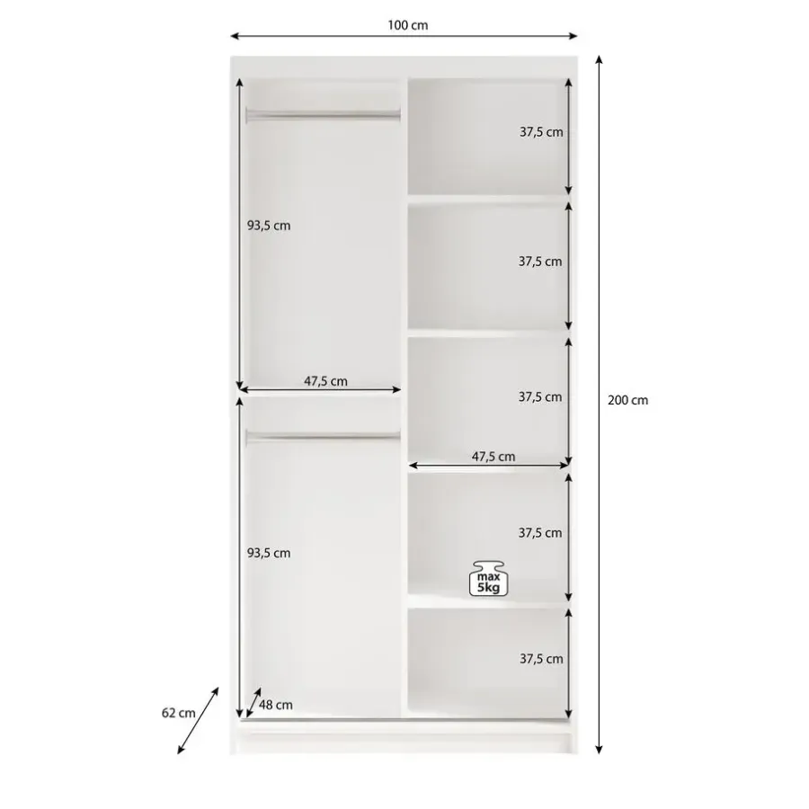 Meubella - Kledingkast Mandalin - Zwart - 100 cm - Met spiegel