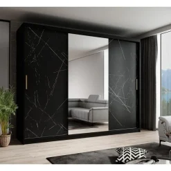 Schuifdeurkasten-Meubella - Kledingkast Marmer 2 - Zwart - 250 cm - Met spiegel