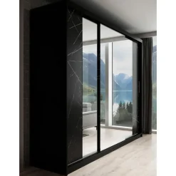 Schuifdeurkasten-Meubella - Kledingkast Marmer 2 - Zwart - 250 cm - Met spiegel