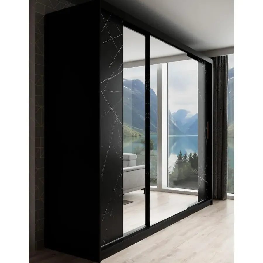 Schuifdeurkasten-Meubella - Kledingkast Marmer 2 - Zwart - 250 cm - Met spiegel