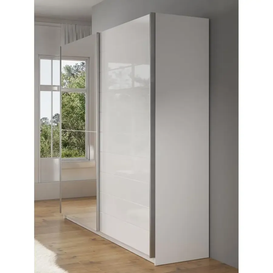 Schuifdeurkasten-Meubella - Kledingkast Mariah - Wit - 217 cm - Met spiegel