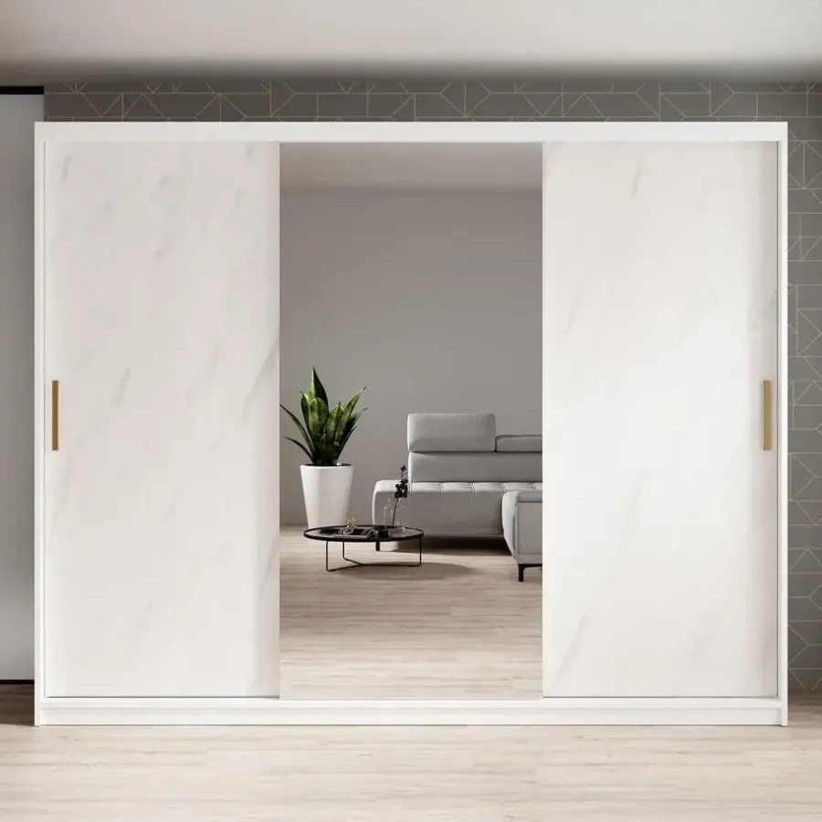 Meubella - Kledingkast Marmer 2 - Wit - 250 cm - Met spiegel