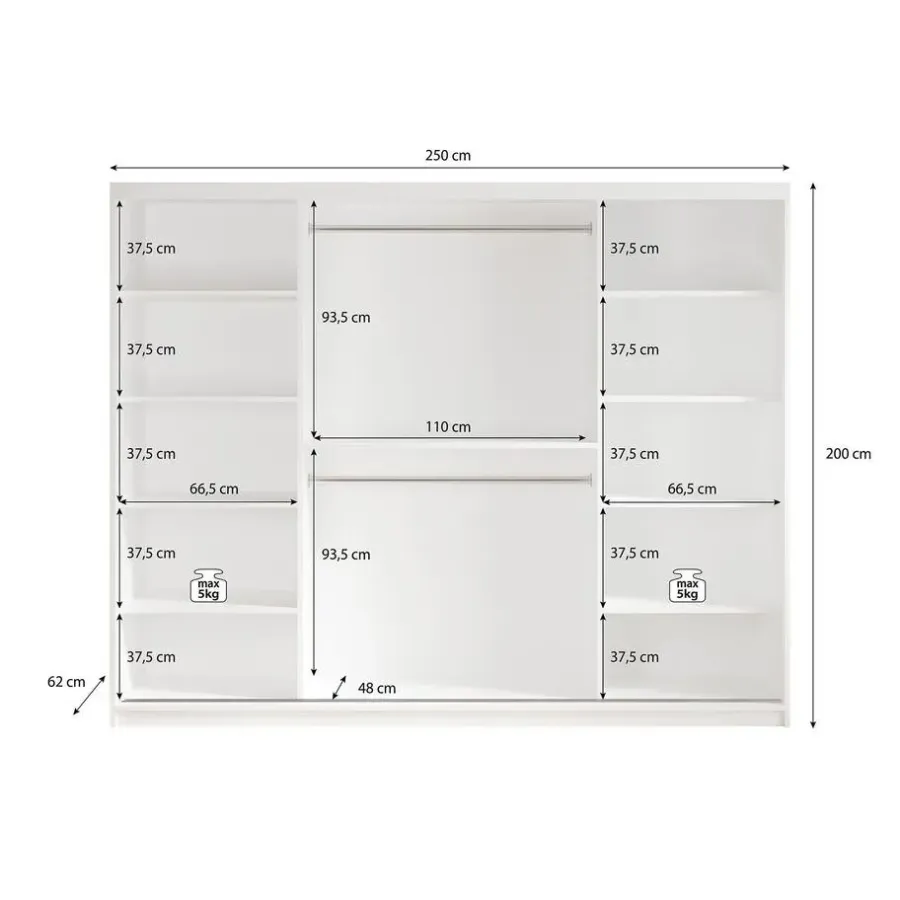 Meubella - Kledingkast Marmer 2 - Wit - 250 cm - Met spiegel