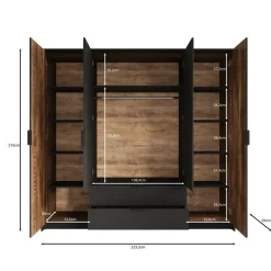 Meubella - Kledingkast Mulvey - Eiken - Antraciet - 220 cm - Met spiegel