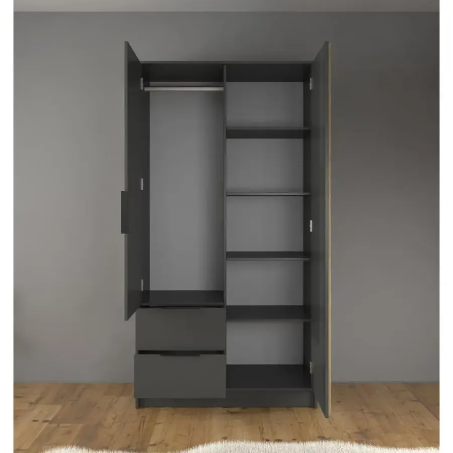 Draaideurkasten-Meubella - Kledingkast Nairobi - Antraciet - Eiken - 105 cm