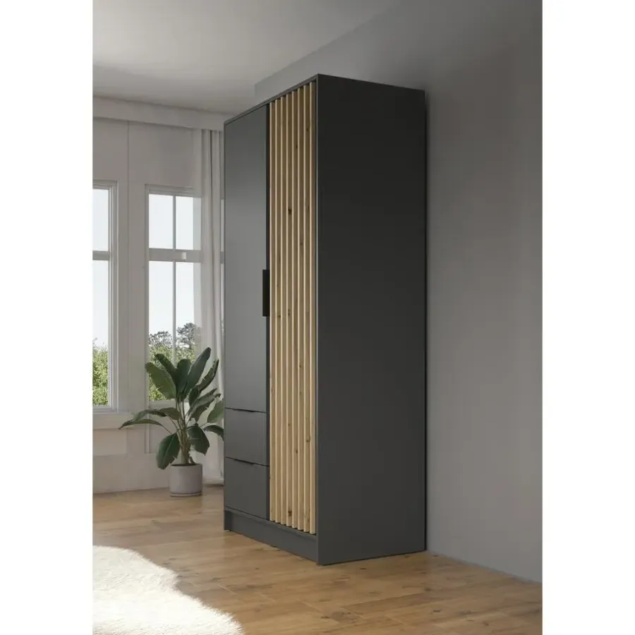 Draaideurkasten-Meubella - Kledingkast Nairobi - Antraciet - Eiken - 105 cm