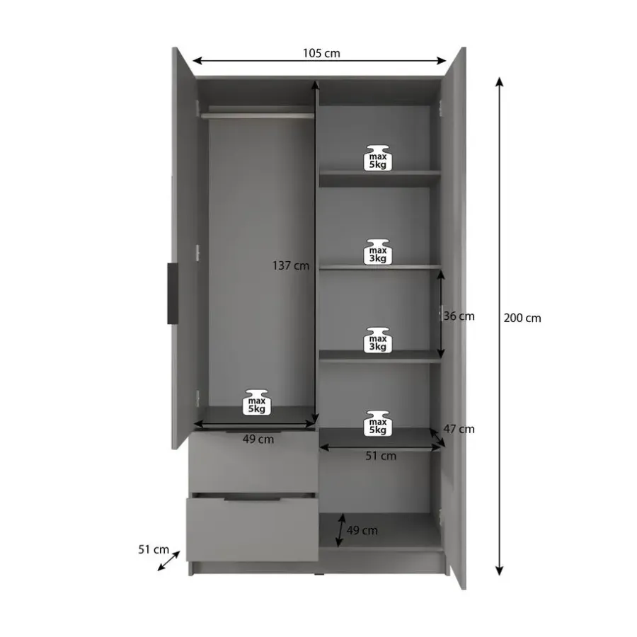 Draaideurkasten-Meubella - Kledingkast Nairobi - Antraciet - Eiken - 105 cm