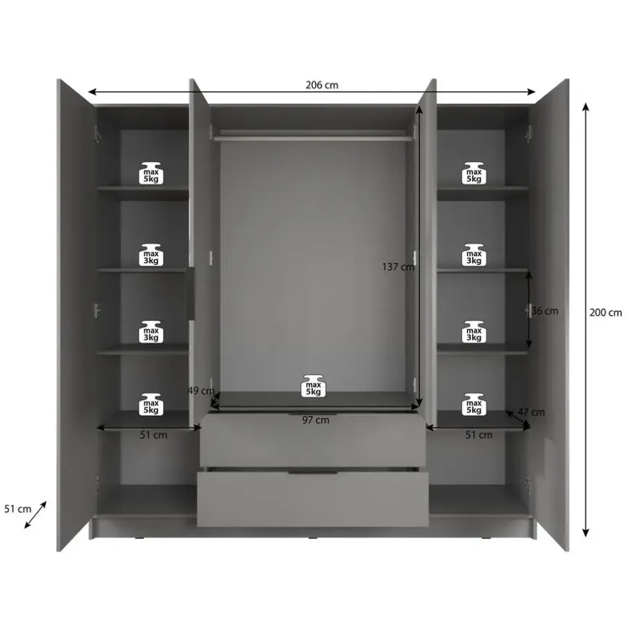 Draaideurkasten-Meubella - Kledingkast Nairobi - Antraciet - Eiken - 206 cm