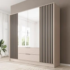Meubella - Kledingkast Nairobi - Beige - Zwart - 206 cm - met spiegel