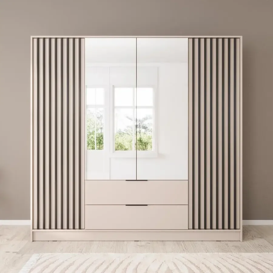 Meubella - Kledingkast Nairobi - Beige - Zwart - 206 cm - met spiegel