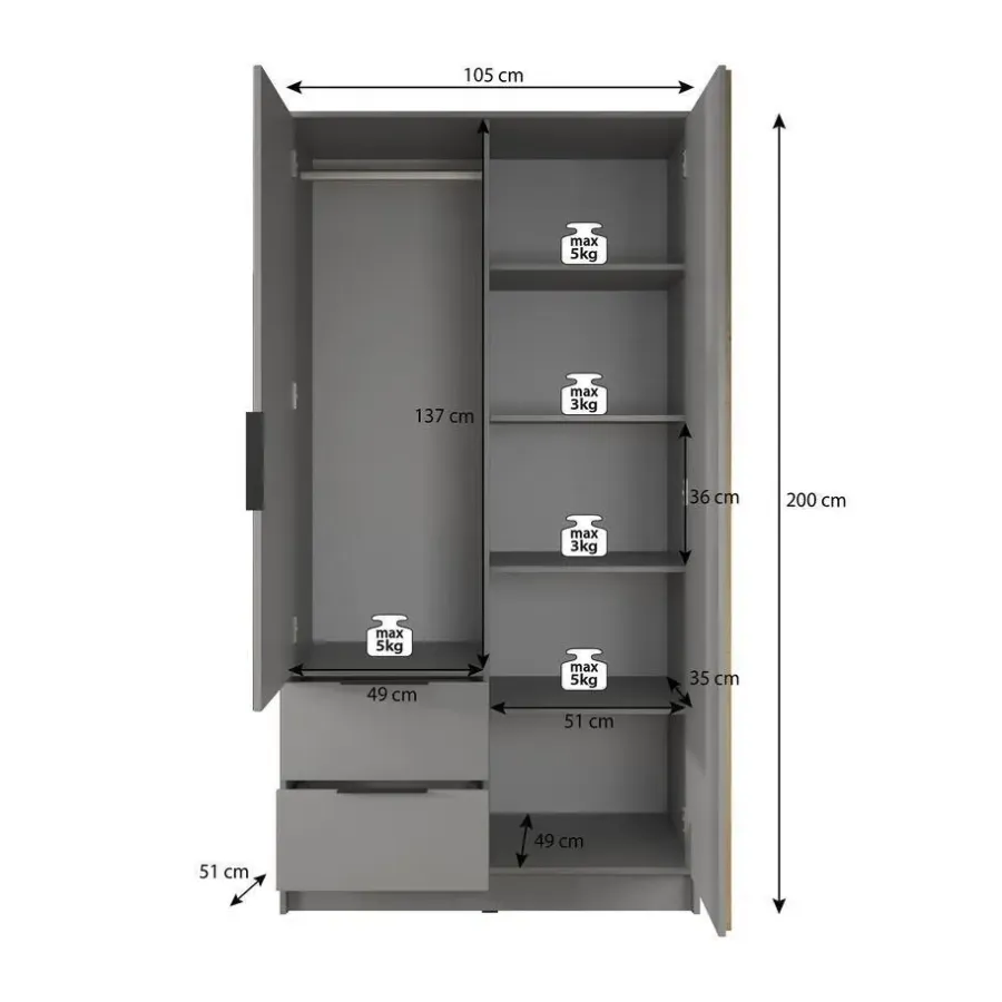 Meubella - Kledingkast Nairobi - Eiken - Zwart - 105 cm - Met spiegel