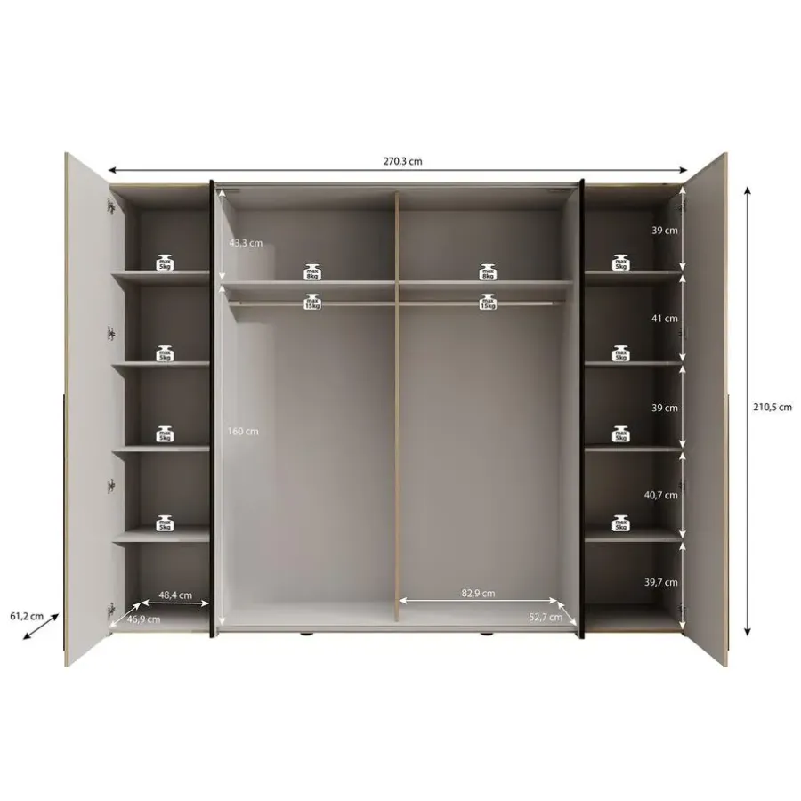 Draaideurkasten-Meubella - Kledingkast Nassau - Eiken - Grijs - 270 cm
