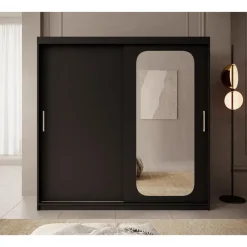 Meubella - Kledingkast Pete - Zwart - 200 cm - Met spiegel