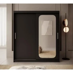 Kledingkasten|Kledingkasten-Meubella - Kledingkast Pete - Zwart - 180 cm - Met spiegel
