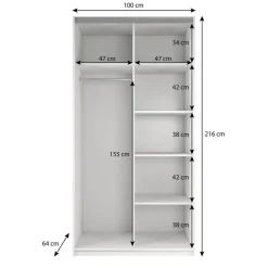 Meubella - Kledingkast Rocky - Wit - 100 cm - Met spiegel