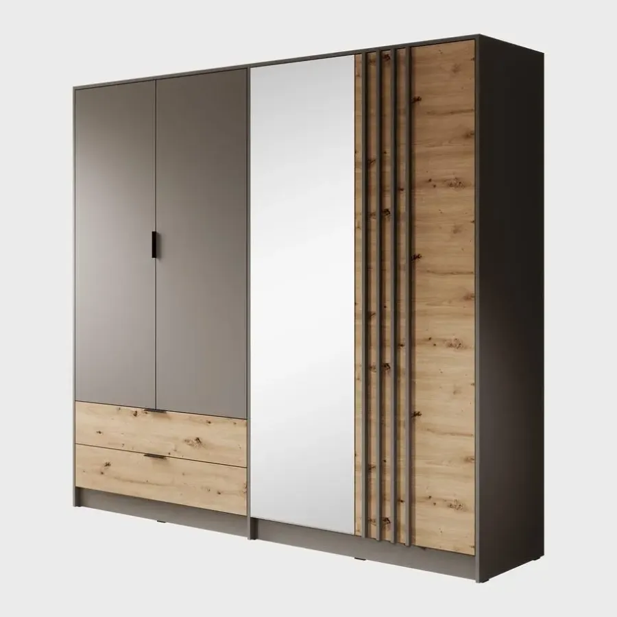 Kledingkasten|Kledingkasten-Meubella - Kledingkast Roma - Grijs - Eiken - 221 cm - Met spiegel