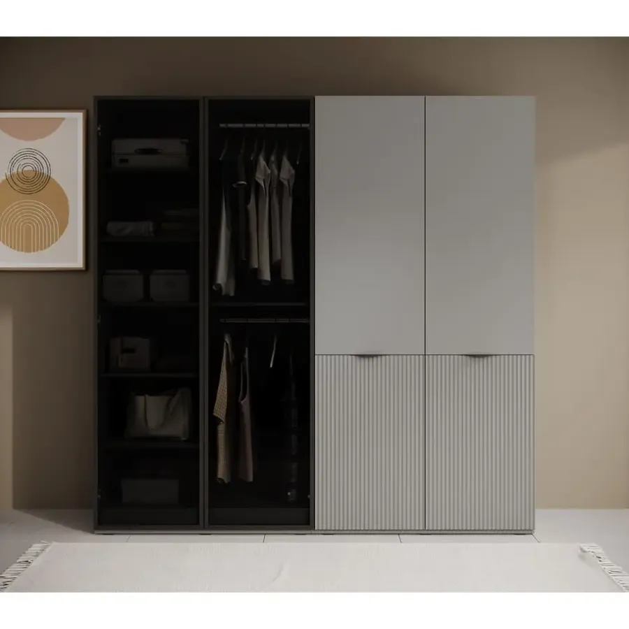 Draaideurkasten-Meubella - Kledingkast Shelton - Grijs - 202 cm - Met glas