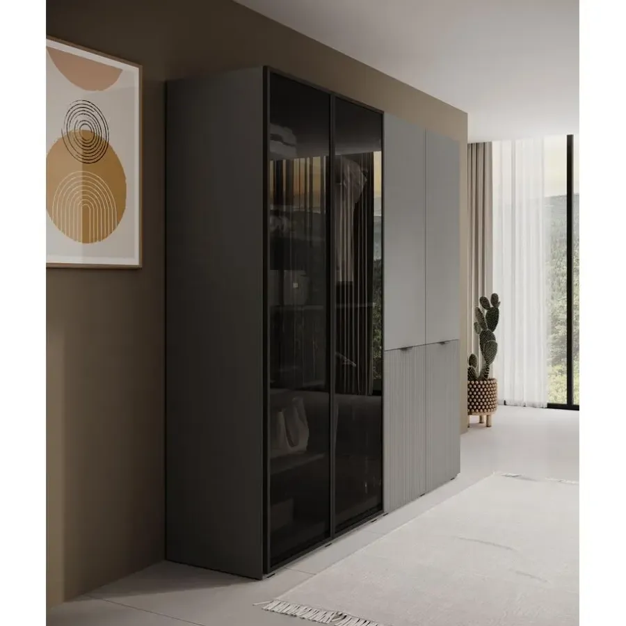 Draaideurkasten-Meubella - Kledingkast Shelton - Grijs - 202 cm - Met glas