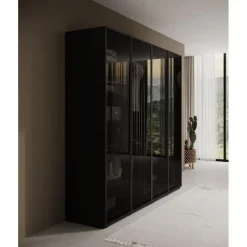 Draaideurkasten-Meubella - Kledingkast Shelton - Zwart 1 - 202 cm - Met glas