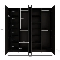 Draaideurkasten-Meubella - Kledingkast Shelton - Zwart 1 - 202 cm - Met glas