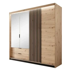 Schuifdeurkasten-Meubella - Kledingkast Tasha - Eiken - Antraciet - 220 cm - Met spiegel