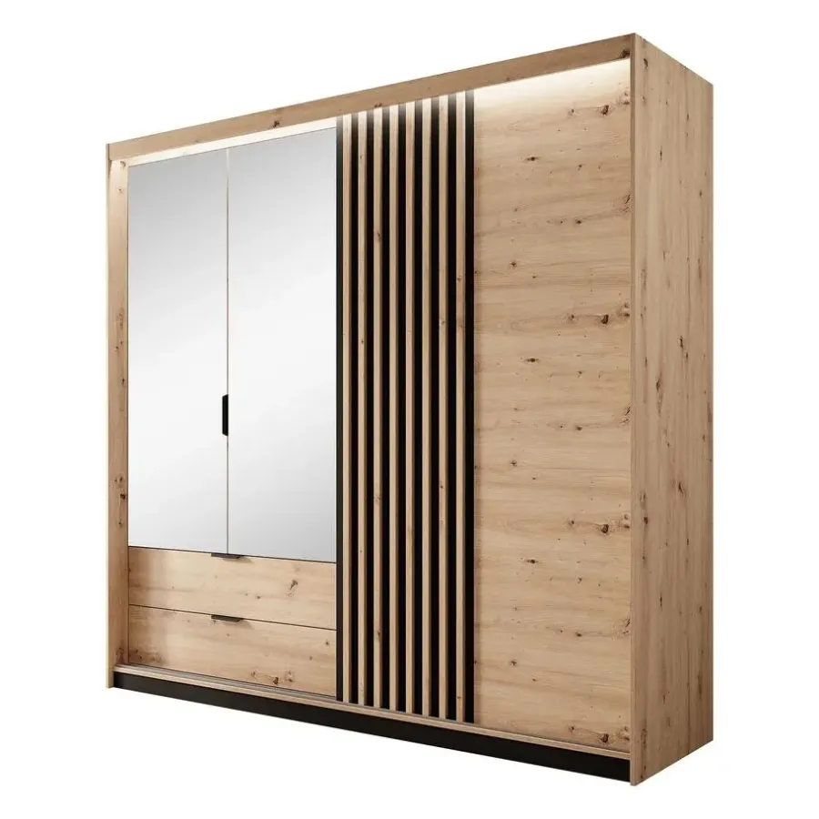 Schuifdeurkasten-Meubella - Kledingkast Tasha - Eiken - Antraciet - 220 cm - Met spiegel