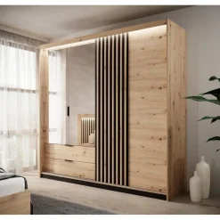 Schuifdeurkasten-Meubella - Kledingkast Tasha - Eiken - Antraciet - 220 cm - Met spiegel