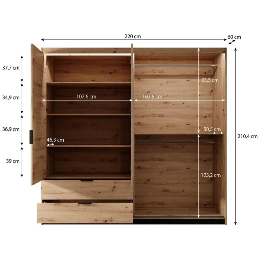 Schuifdeurkasten-Meubella - Kledingkast Tasha - Eiken - Antraciet - 220 cm - Met spiegel