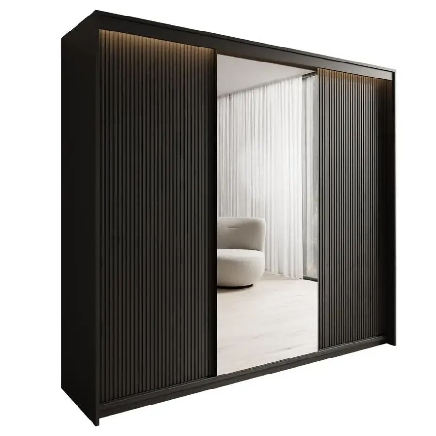 Meubella - Kledingkast Timoteo - Zwart - 250 cm - Met spiegel