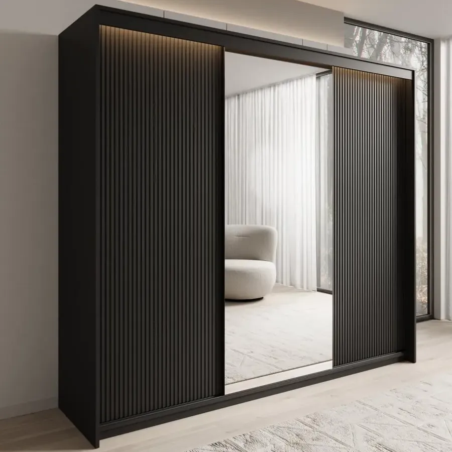 Meubella - Kledingkast Timoteo - Zwart - 250 cm - Met spiegel