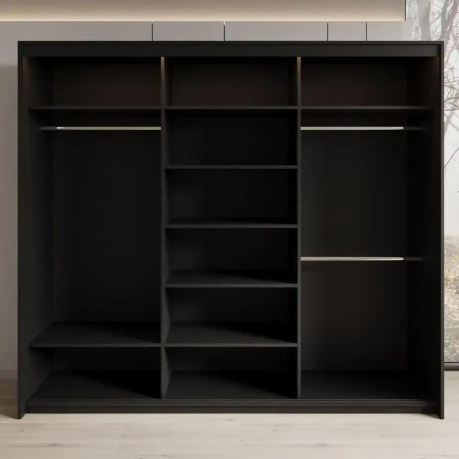 Meubella - Kledingkast Timoteo - Zwart - 250 cm - Met spiegel