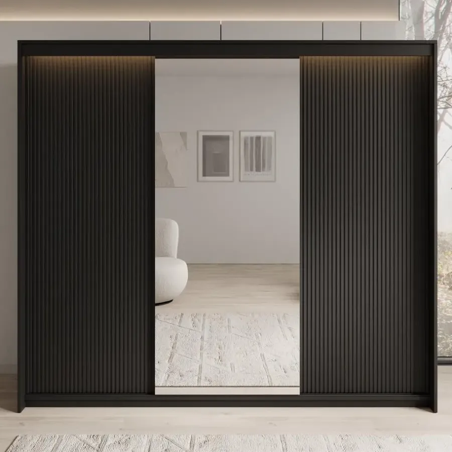 Meubella - Kledingkast Timoteo - Zwart - 250 cm - Met spiegel