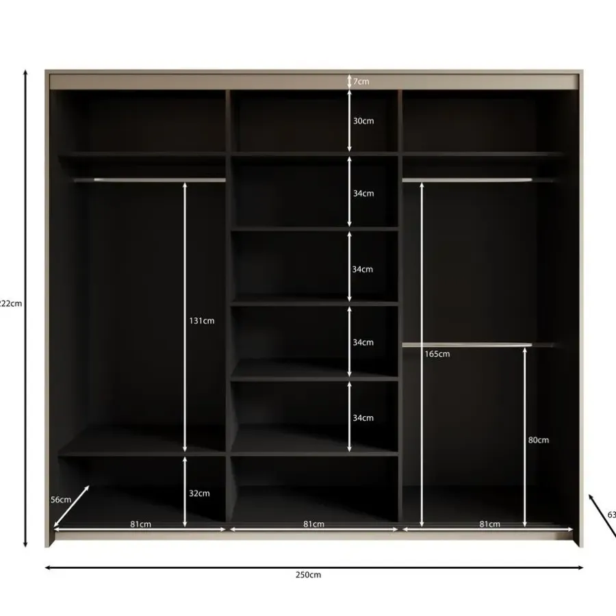 Meubella - Kledingkast Timoteo - Zwart - 250 cm - Met spiegel