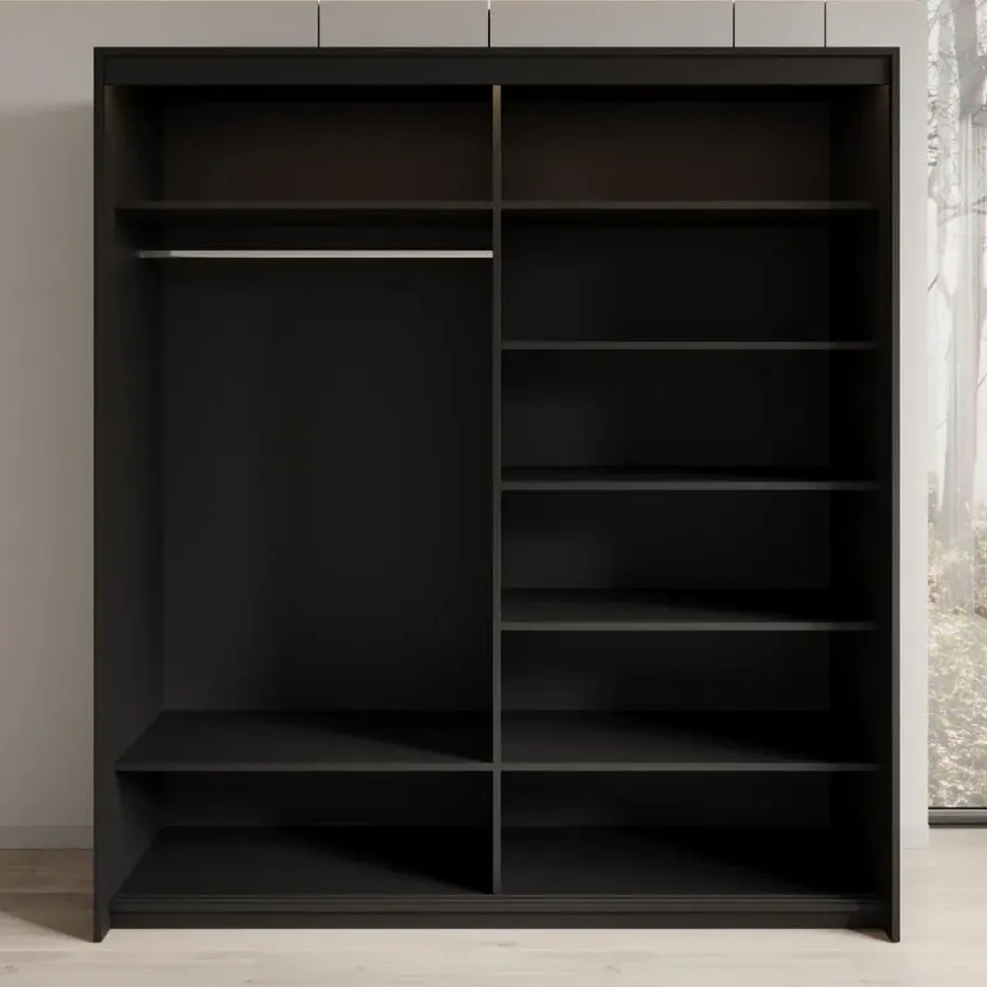 Meubella - Kledingkast Timoteo - Zwart - 200 cm - Met spiegel