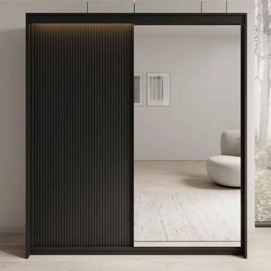Meubella - Kledingkast Timoteo - Zwart - 200 cm - Met spiegel