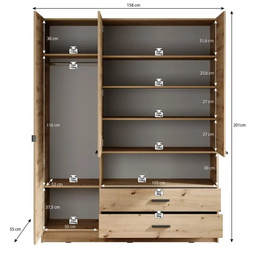 Meubella - Kledingkast Tobin - Eiken - 158 cm - Met spiegel
