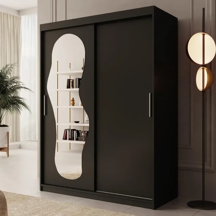 Meubella - Kledingkast Ulysses - Zwart - 150 cm - Met spiegel