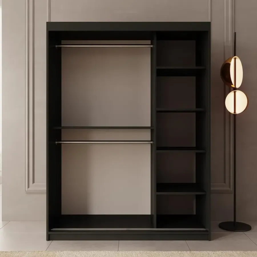 Meubella - Kledingkast Ulysses - Zwart - 150 cm - Met spiegel