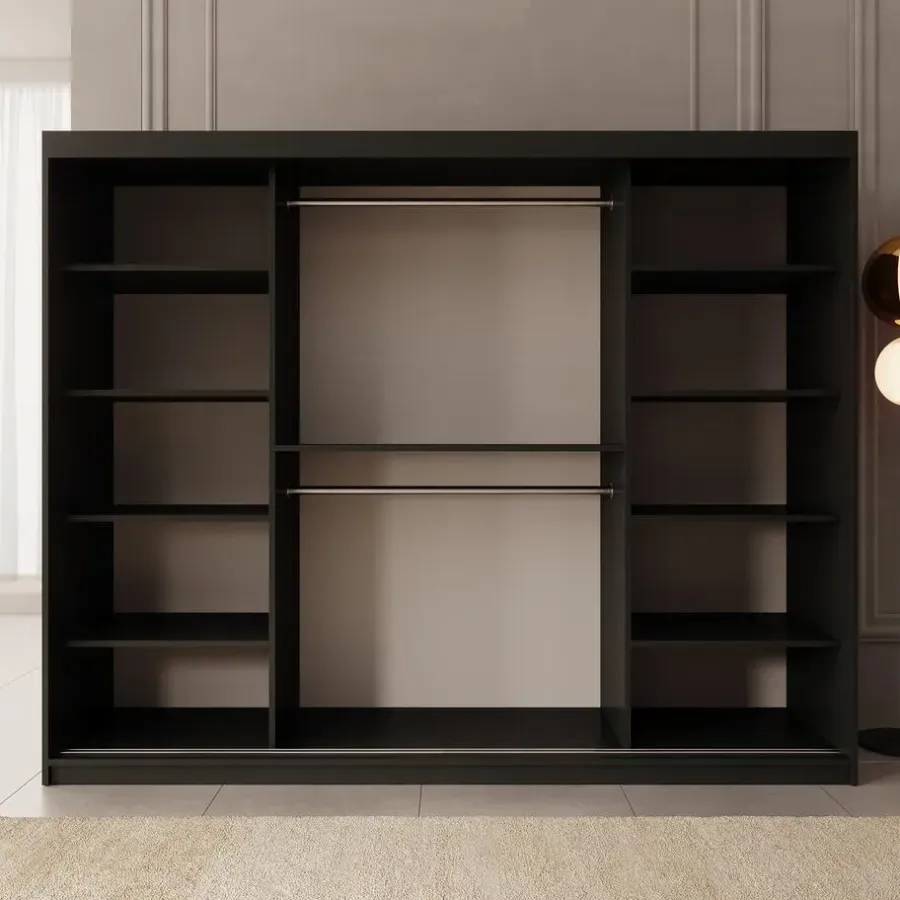 Meubella - Kledingkast Ulysses - Zwart - 250 cm - Met spiegel