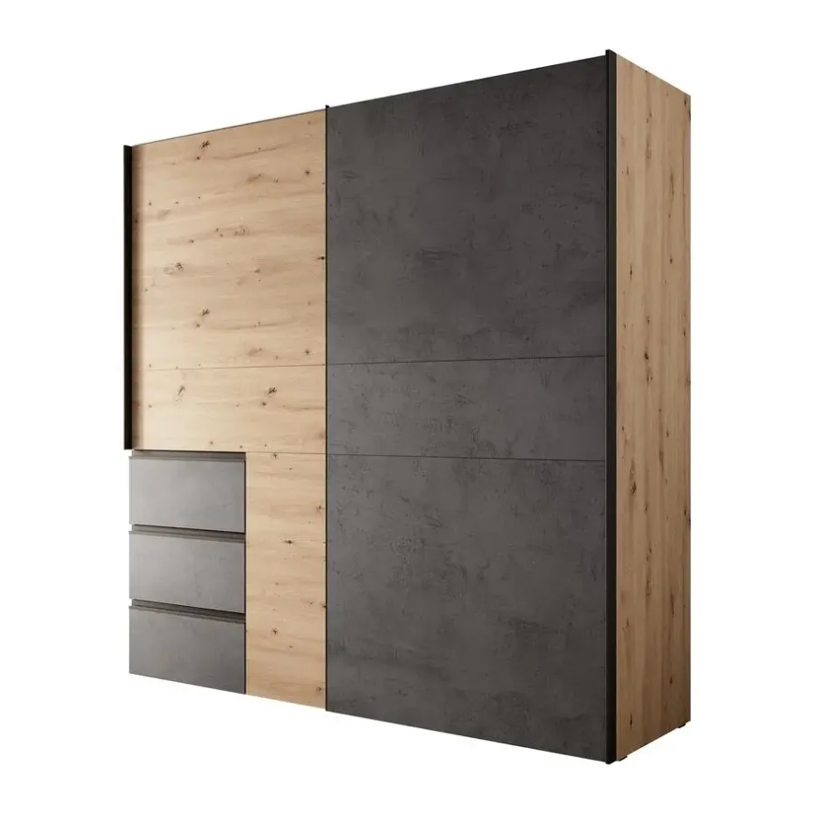 Schuifdeurkasten-Meubella - Kledingkast Walter - Eiken - Grijs - 200 cm