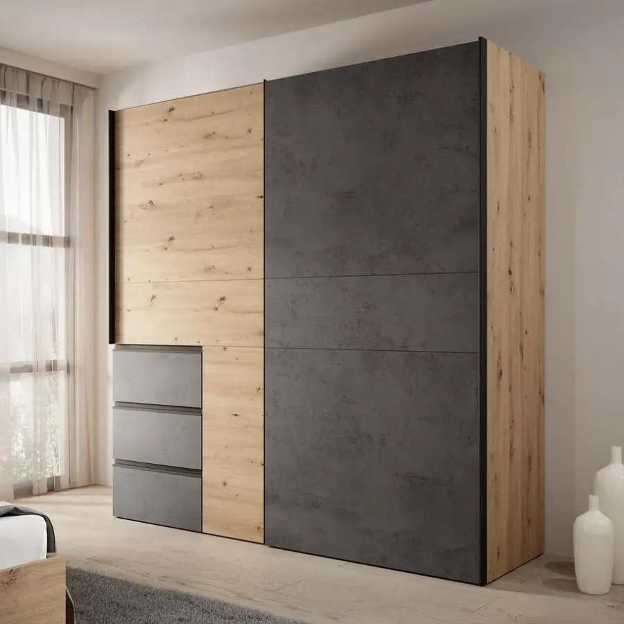 Schuifdeurkasten-Meubella - Kledingkast Walter - Eiken - Grijs - 200 cm