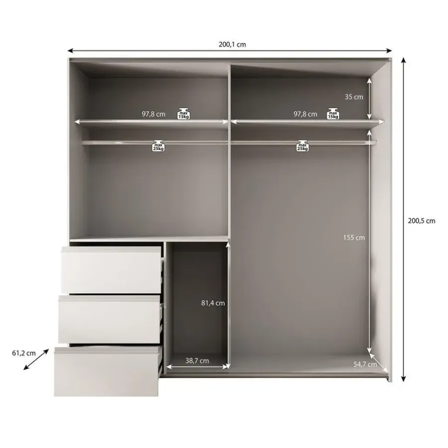 Schuifdeurkasten-Meubella - Kledingkast Walter - Eiken - Grijs - 200 cm