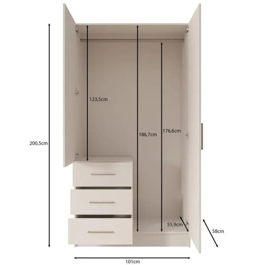 Draaideurkasten-Meubella - Komodo - Kledingkast met 2 deuren - Beige - 101x61x201 cm