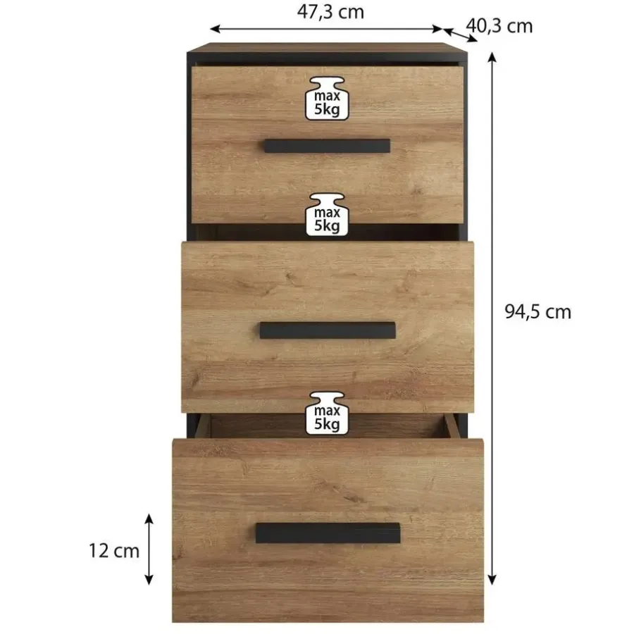 Ladekasten|Ladekasten-Meubella - Ladekast Frey - Donker eiken - Zwart - 47 cm