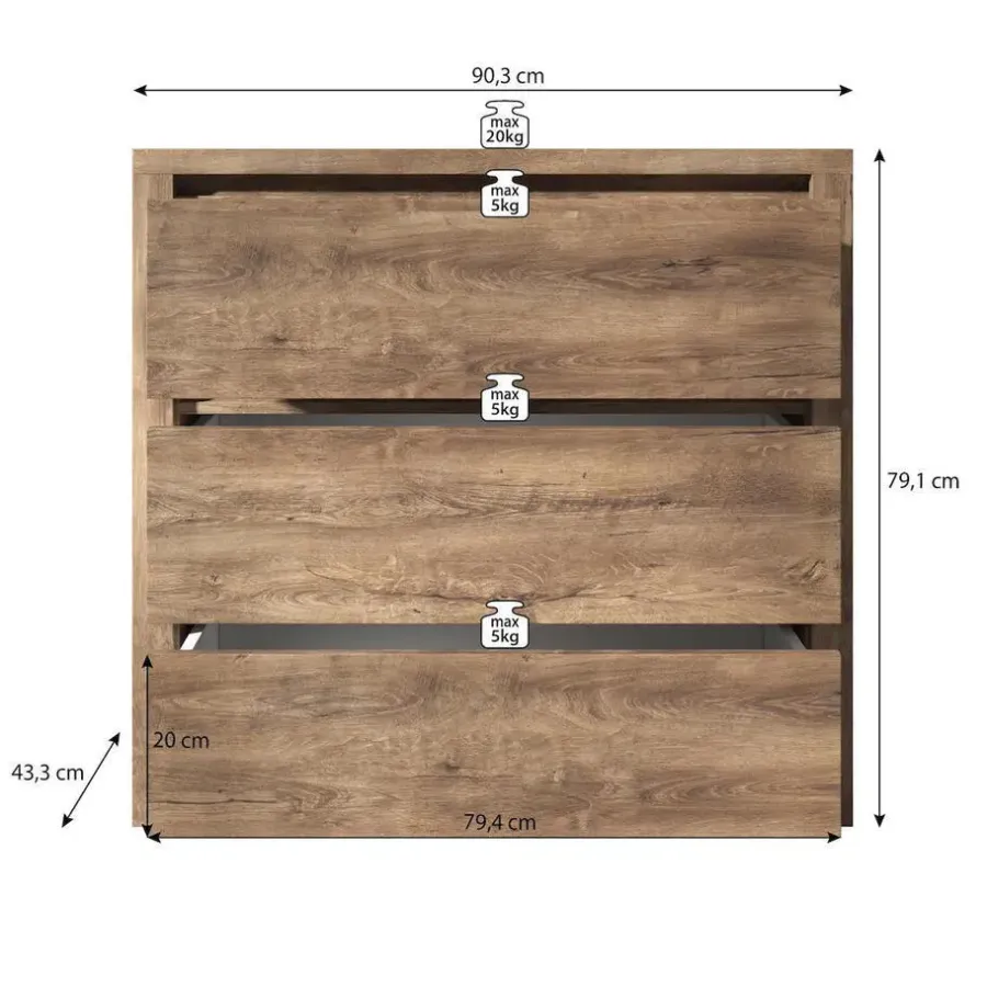 Meubella - Ladekast Monaco - Eiken - Grijs - 90 cm