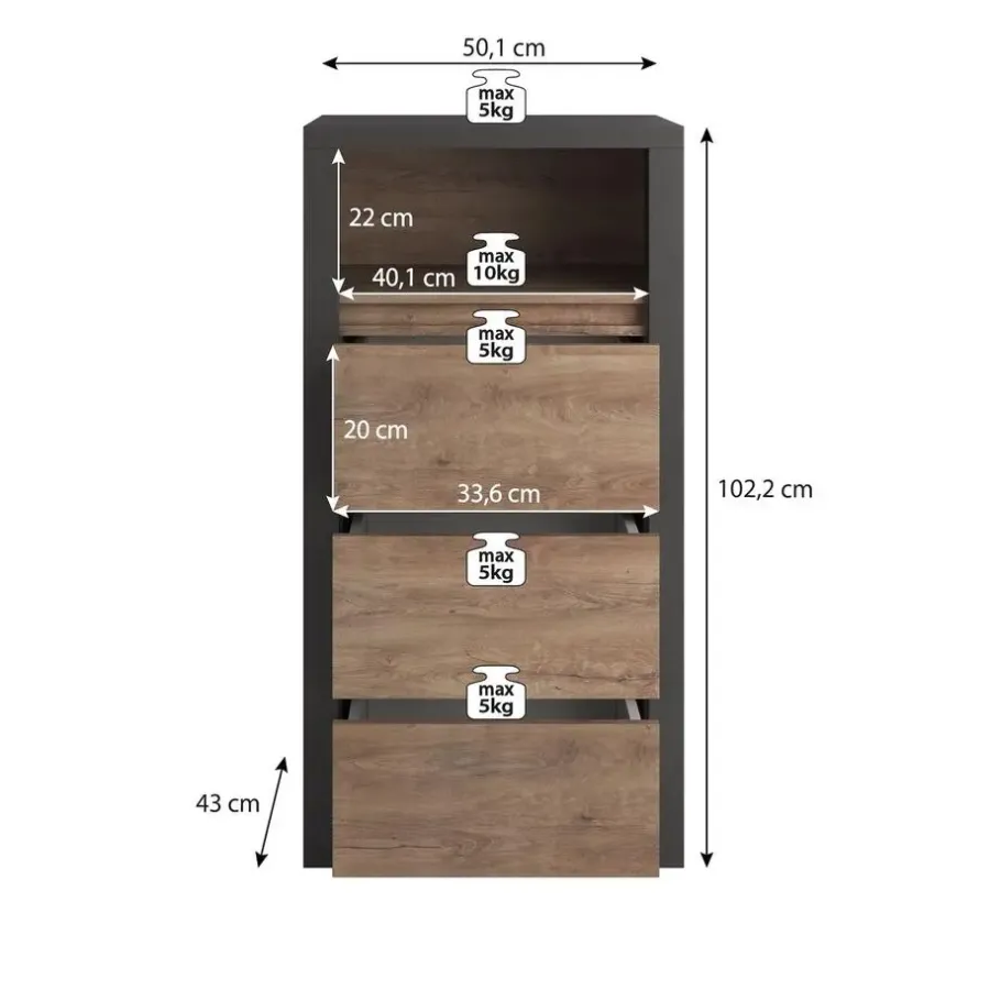 Ladekasten|Ladekasten-Meubella - Ladekast Monaco - Eiken - Grijs - 50 cm