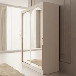 Meubella - Moniq - Kledingkast met schuifdeuren - Beige - 150x65x215 cm
